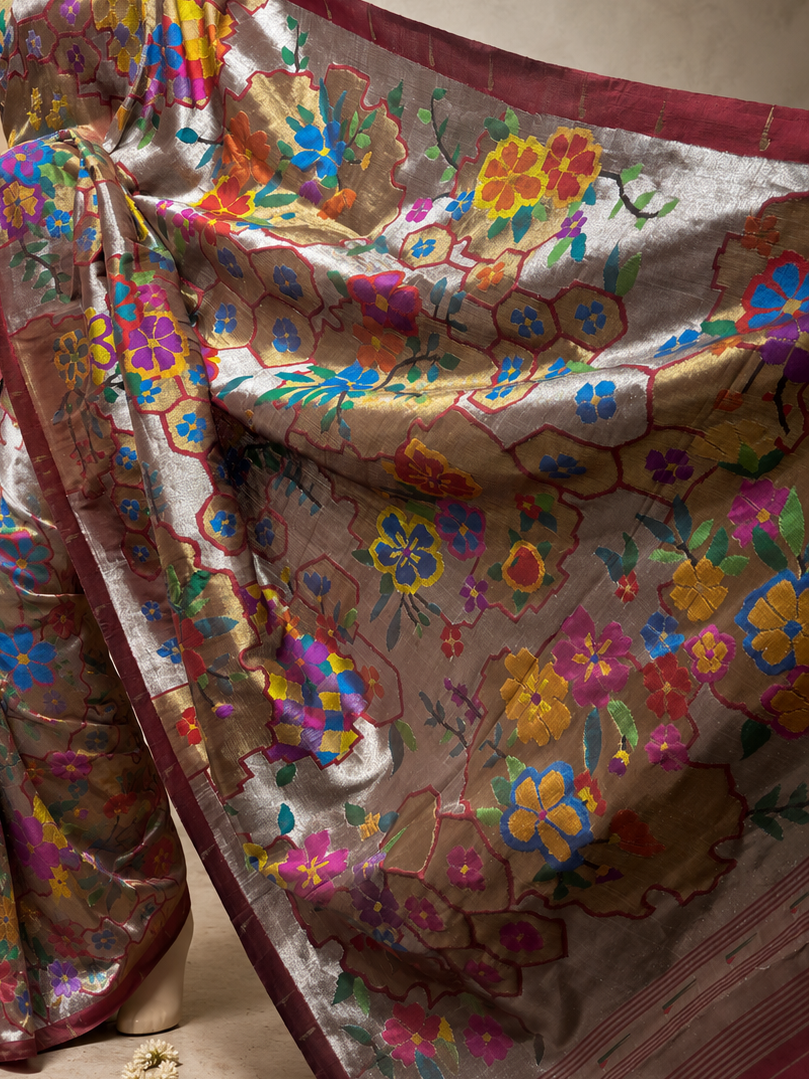 Paithani Brocade with All-Over Silver and Golden Zari, Multicolour Body, Flower Border, Contrast Muniya Border and Fancy Pallu