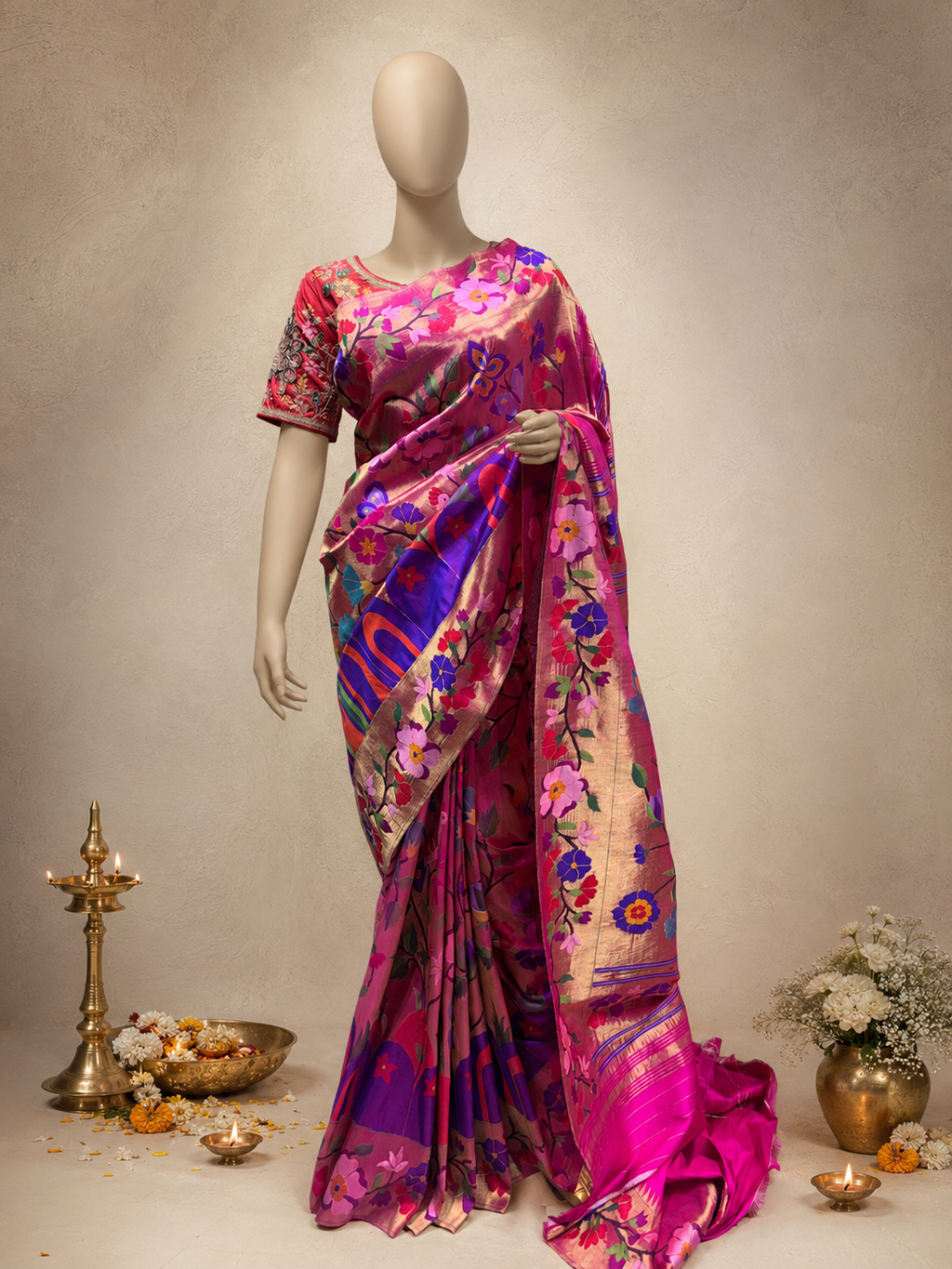 Paithani Brocade with All-Over Silver and Golden Zari, Multicolour Body, Flower Border and Fancy Pallu