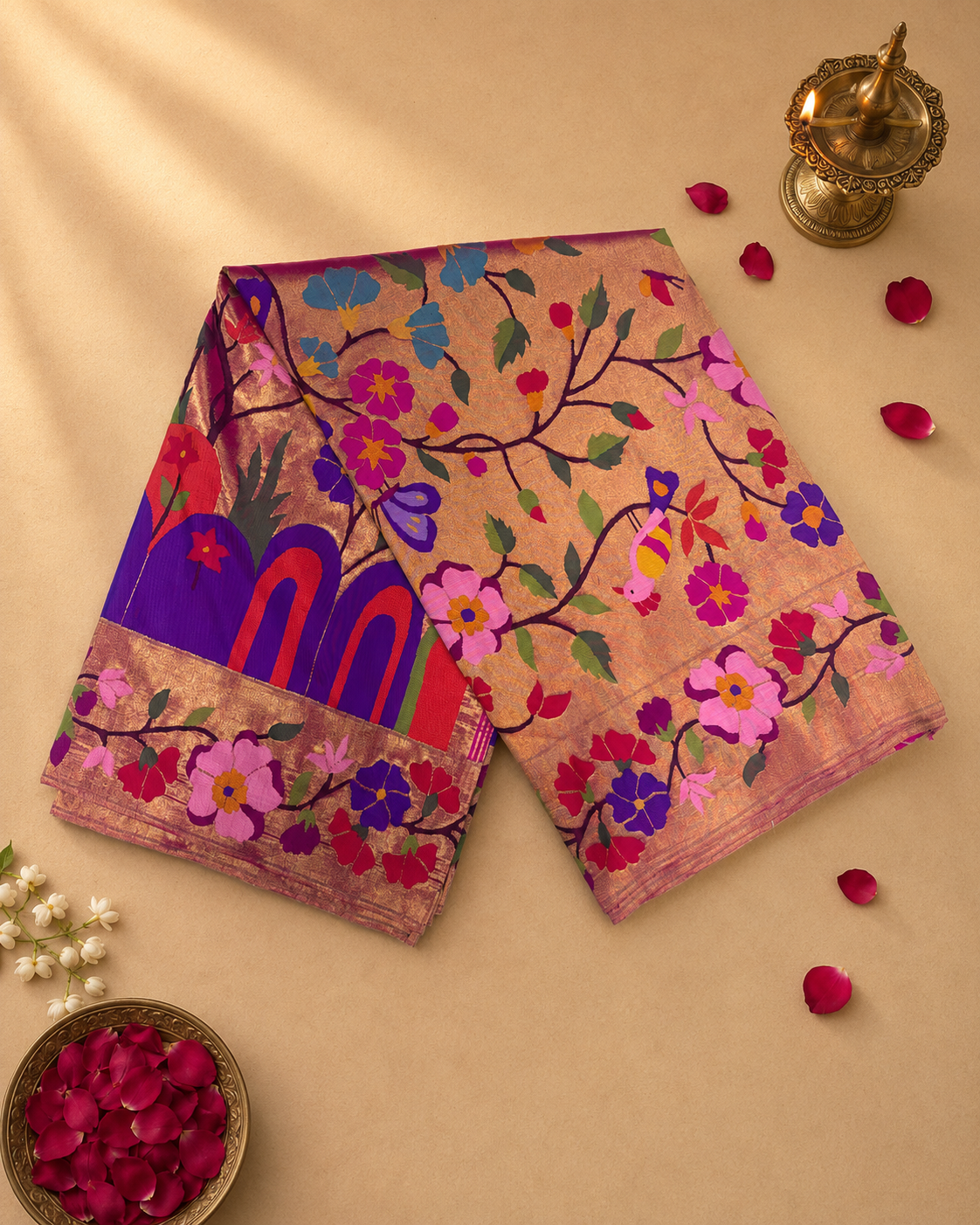 Paithani Brocade with All-Over Silver and Golden Zari, Multicolour Body, Flower Border and Fancy Pallu