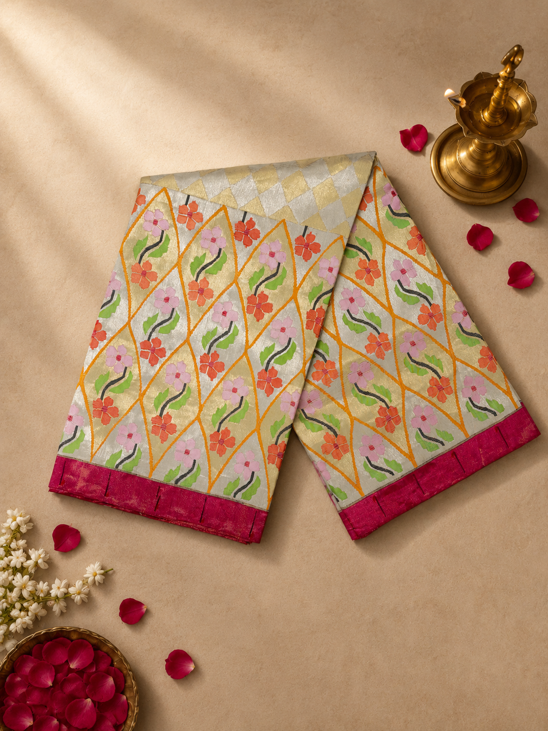 Paithani Brocade with All-Over Silver Zari, Multicolour Body and Contrast Muniya Border