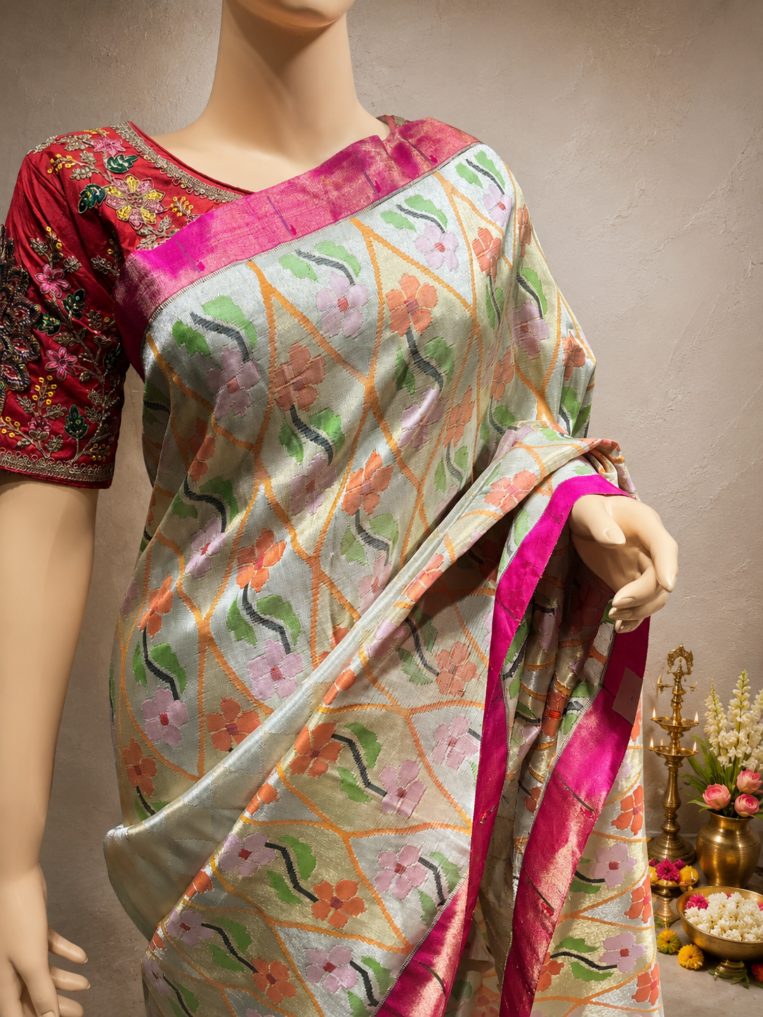 Paithani Brocade with All-Over Silver Zari, Multicolour Body and Contrast Muniya Border