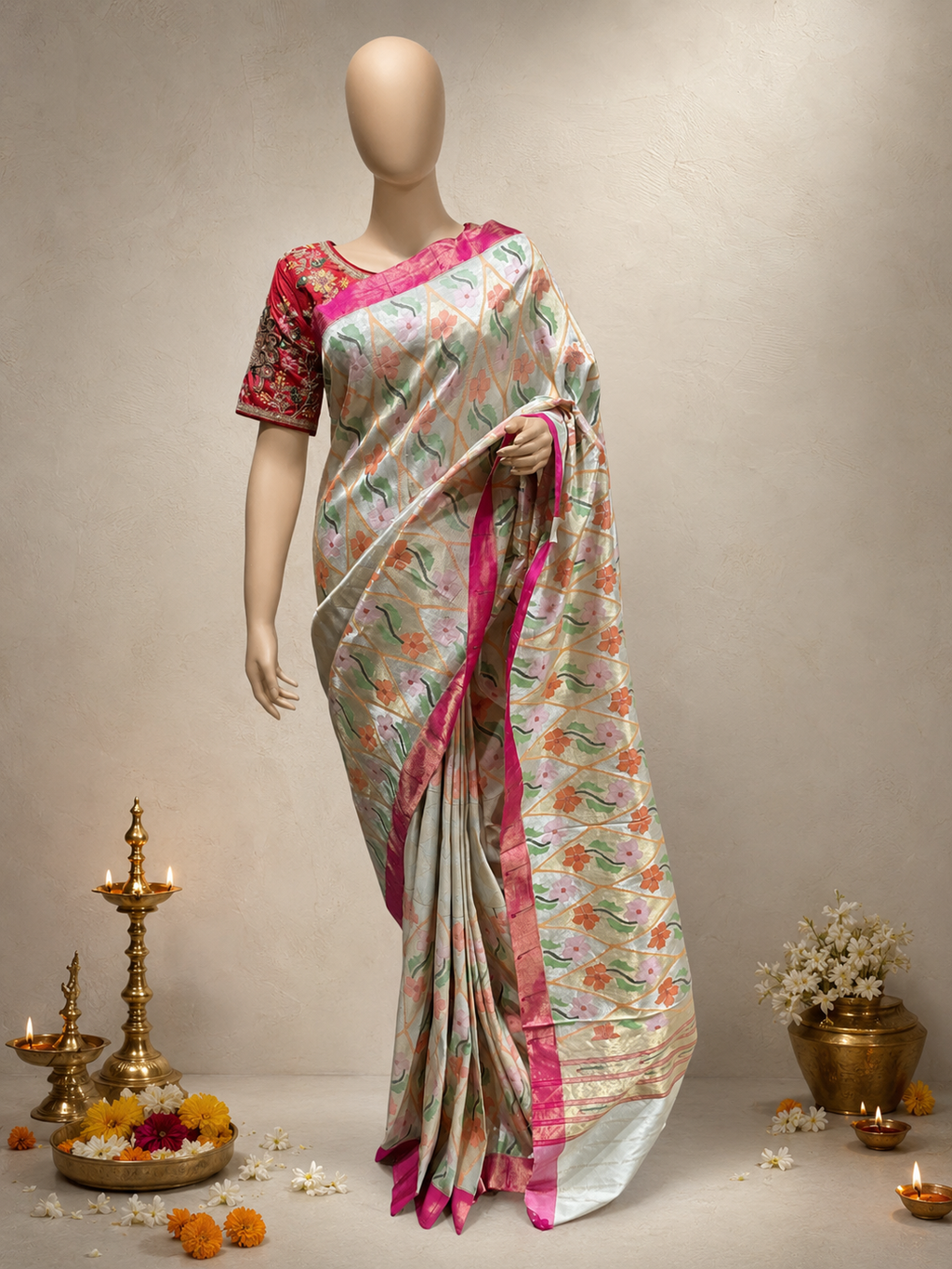 Paithani Brocade with All-Over Silver Zari, Multicolour Body and Contrast Muniya Border