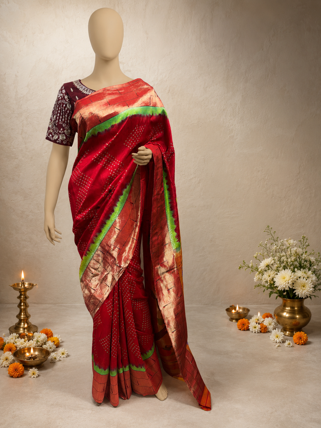 Paithani Brocade with Triple Muniya Border and Bandhani Fancy Pallu