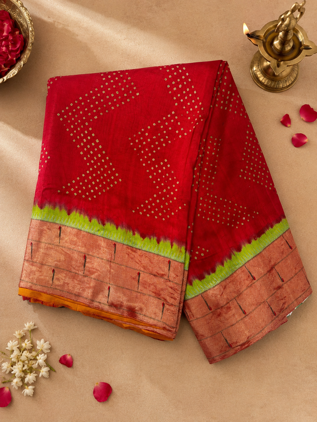 Paithani Brocade with Triple Muniya Border and Bandhani Fancy Pallu