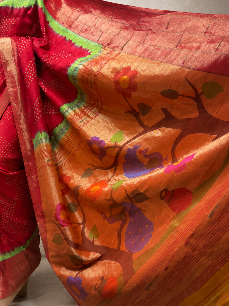 Paithani Brocade with Triple Muniya Border and Bandhani Fancy Pallu