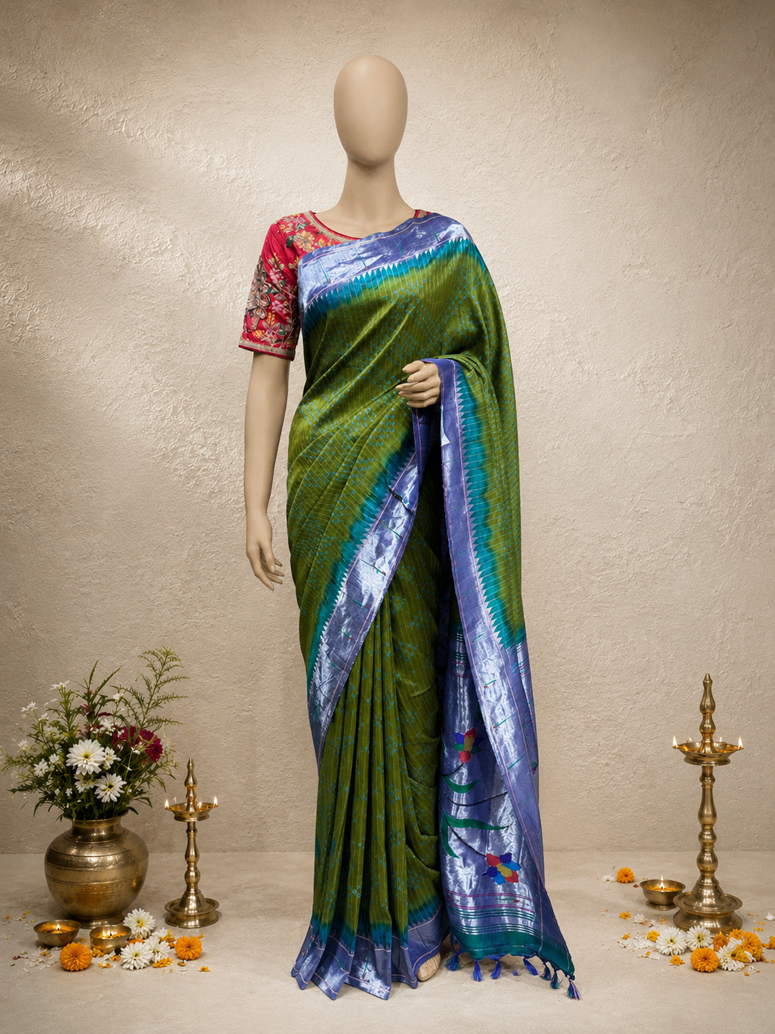 Paithani Muniya Brocade with Silver Zari, Full-Body Stripes and Bandhani Fancy Pallu