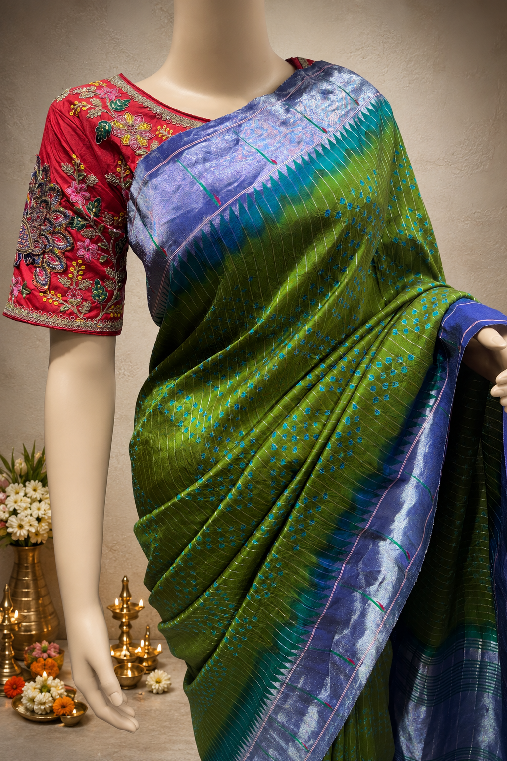 Paithani Muniya Brocade with Silver Zari, Full-Body Stripes and Bandhani Fancy Pallu