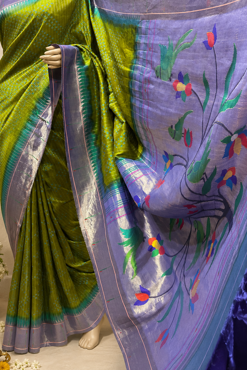 Paithani Muniya Brocade with Silver Zari, Full-Body Stripes and Bandhani Fancy Pallu