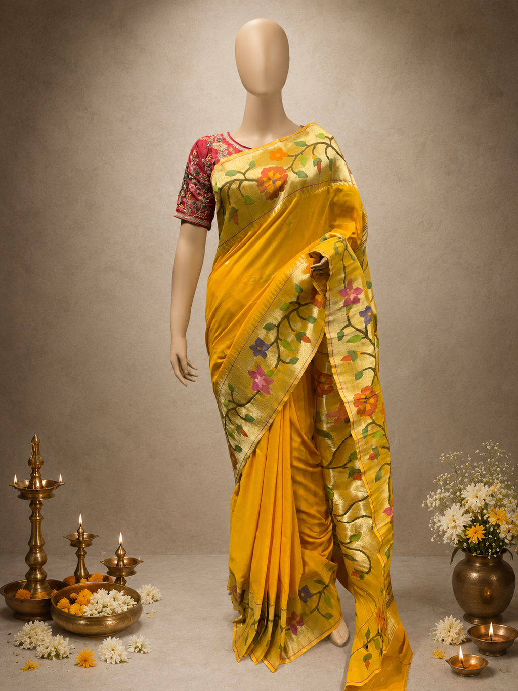 Cotton Brocade Paithani with Flower Border, All-Over Butta and Fancy Pallu