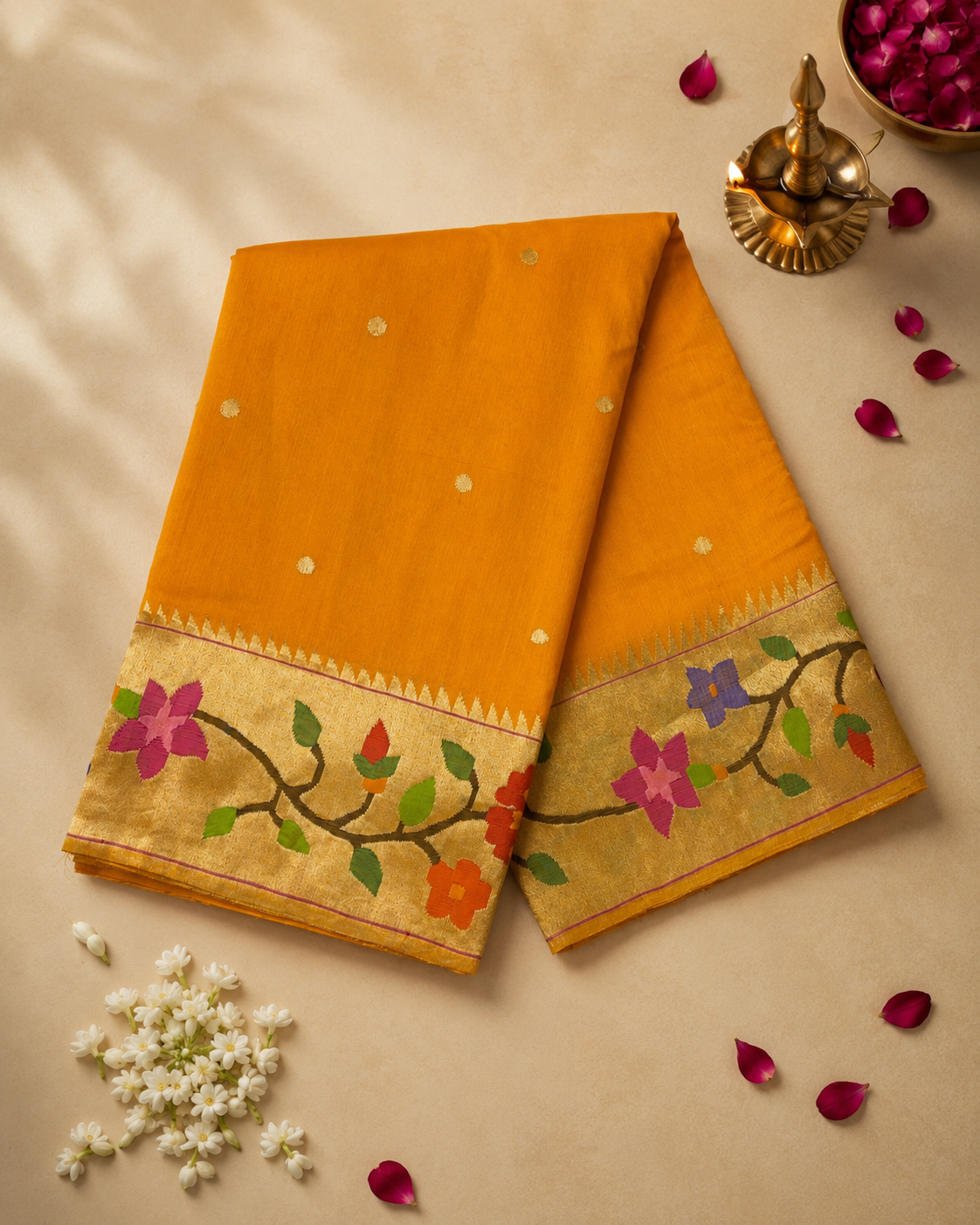 Cotton Brocade Paithani with Flower Border, All-Over Butta and Fancy Pallu
