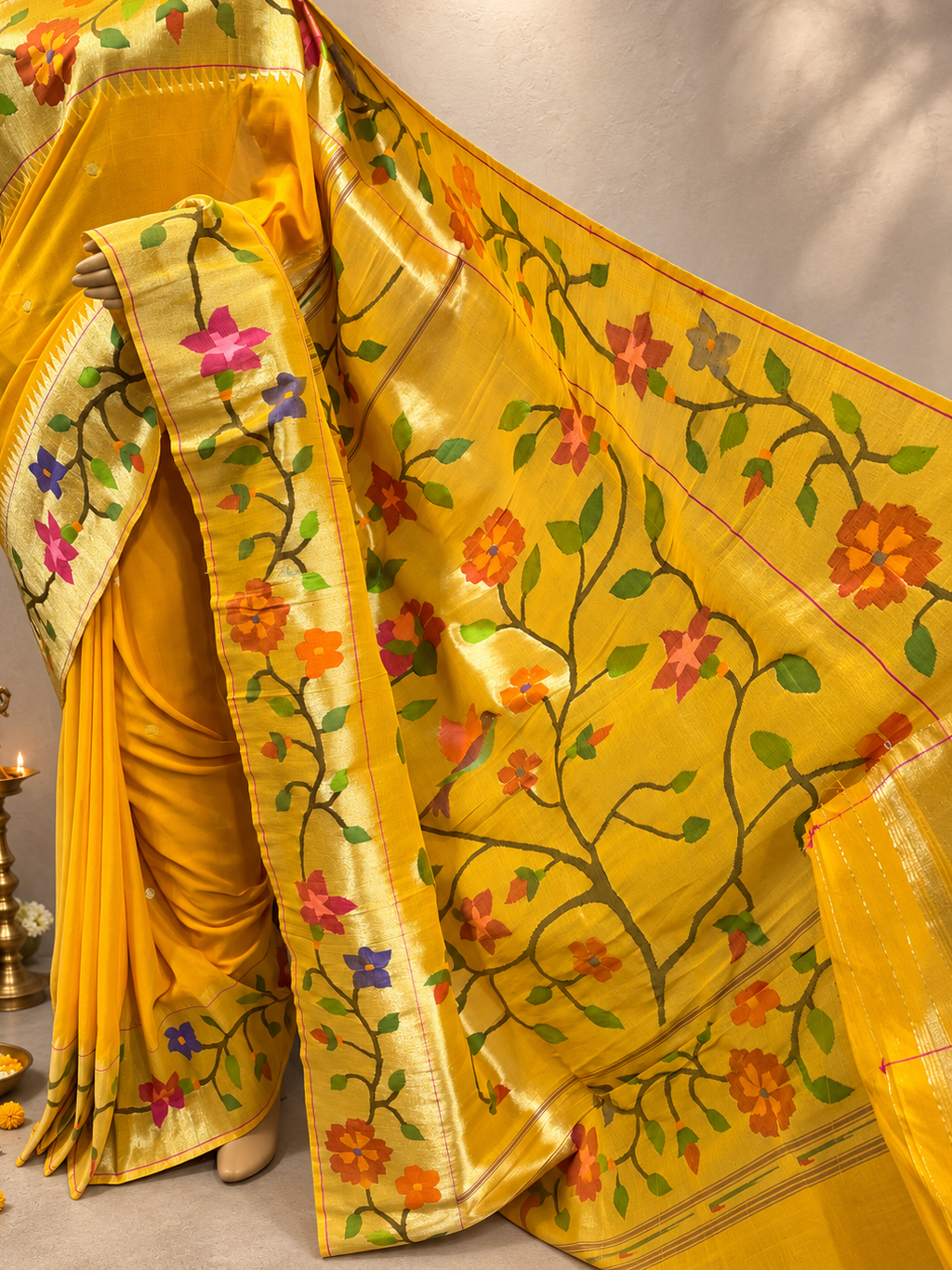 Cotton Brocade Paithani with Flower Border, All-Over Butta and Fancy Pallu