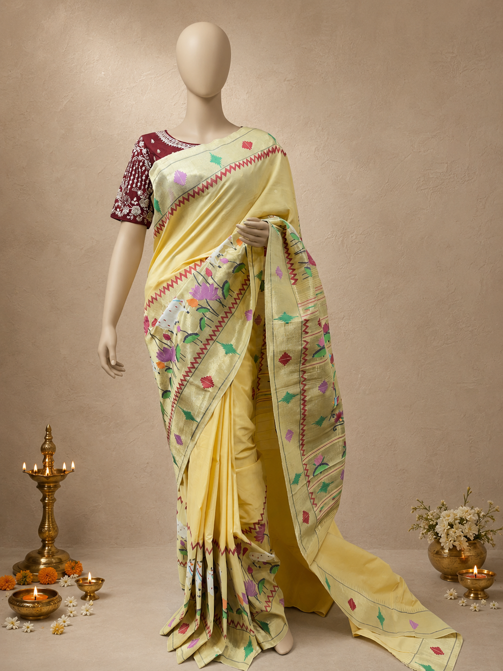 Cotton Brocade Paithani with Skirt-Style Cow and Lotus Design and One-Side Punjab Barav Border