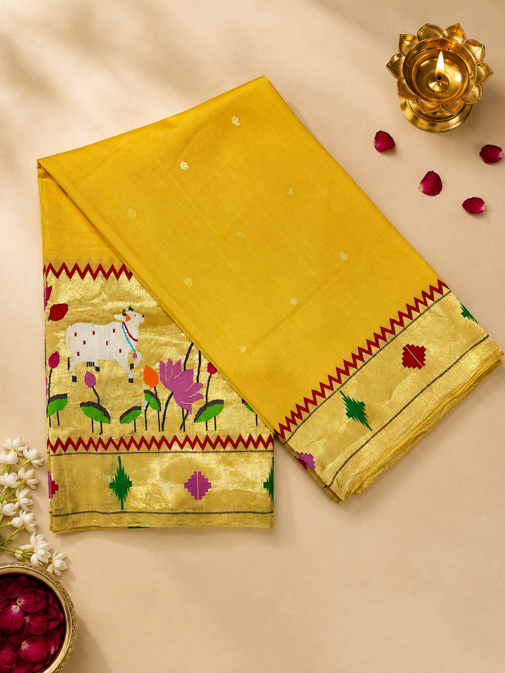 Cotton Brocade Paithani with Skirt-Style Cow and Lotus Design and One-Side Punjab Barav Border