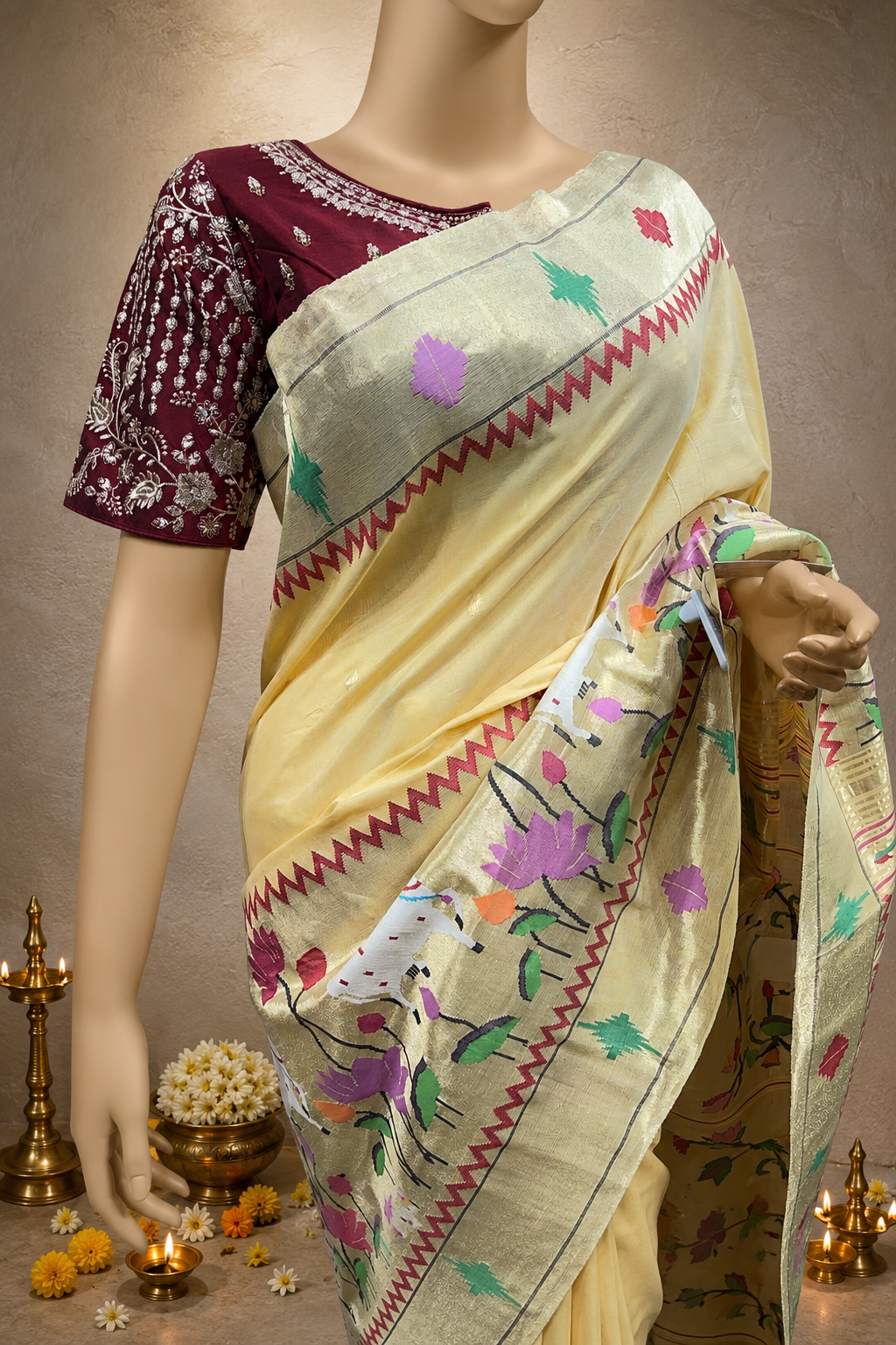 Cotton Brocade Paithani with Skirt-Style Cow and Lotus Design and One-Side Punjab Barav Border