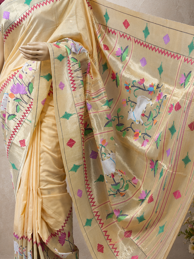 Cotton Brocade Paithani with Skirt-Style Cow and Lotus Design and One-Side Punjab Barav Border