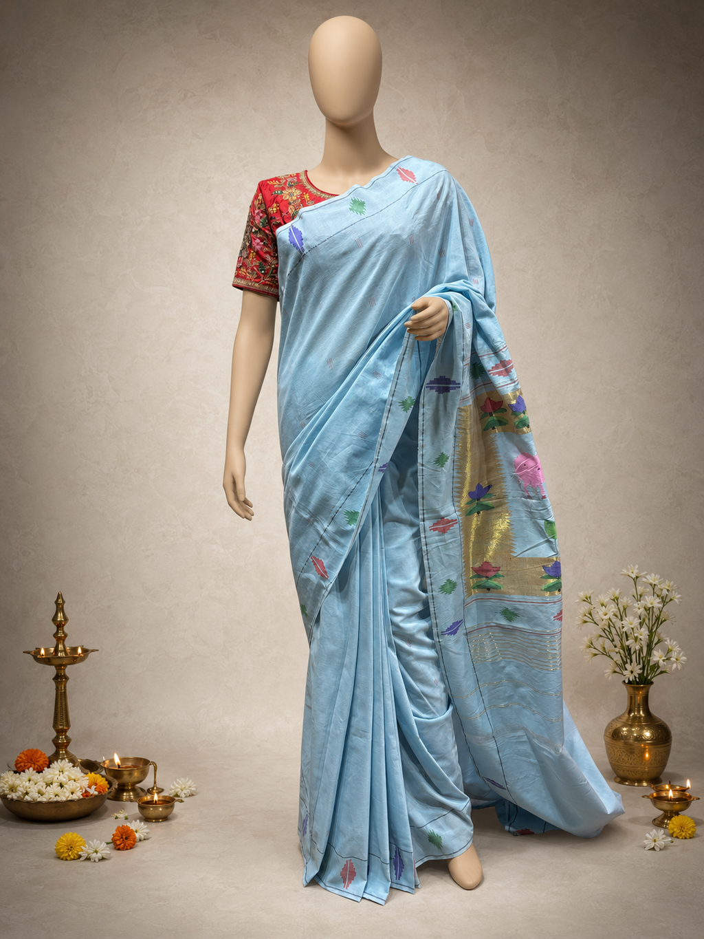 Cotton Punjab Barav Brocade Paithani with Cow-Design Pallu