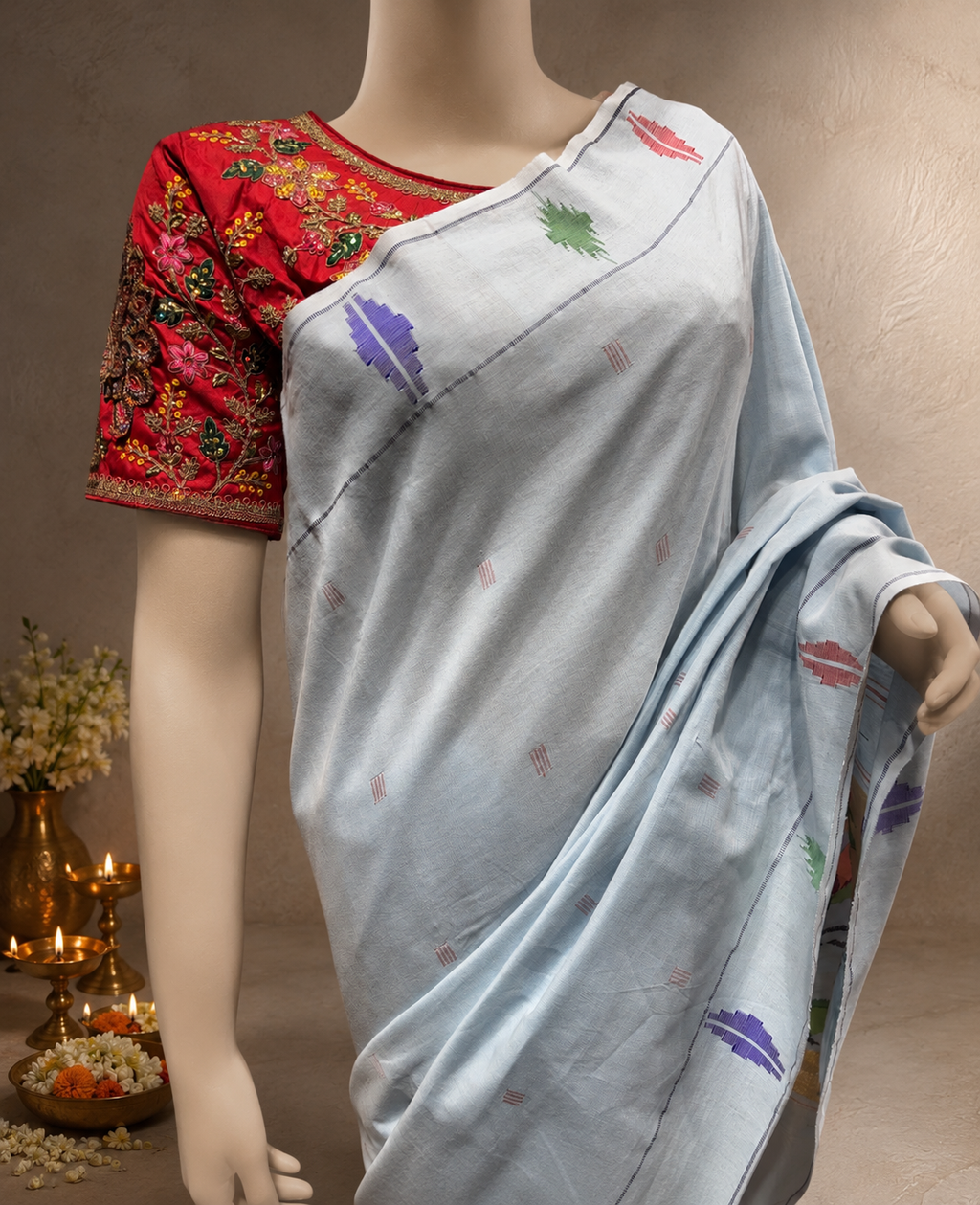 Cotton Punjab Barav Brocade Paithani with Cow-Design Pallu