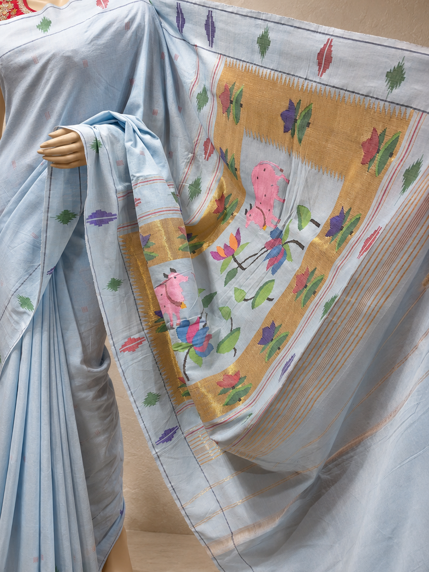 Cotton Punjab Barav Brocade Paithani with Cow-Design Pallu