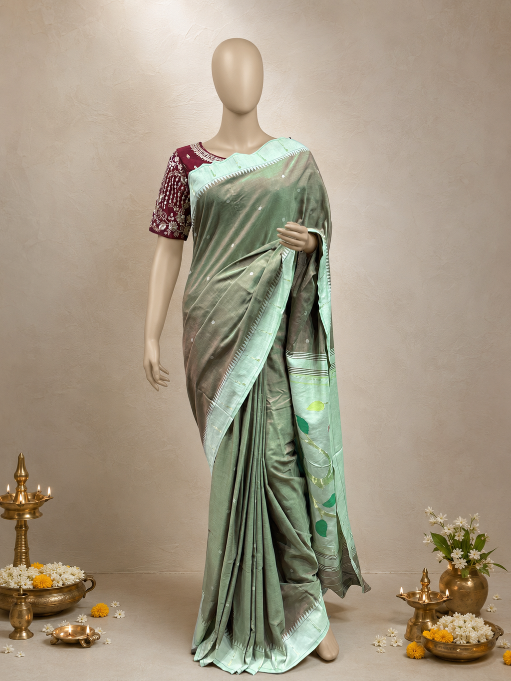 Cotton Self Muniya Border Brocade Paithani with Fancy Pallu