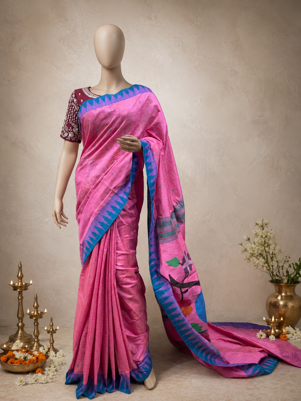 Cotton Temple Border Brocade Paithani with Full-Body Tissue Effect and Cotton Fancy Pallu