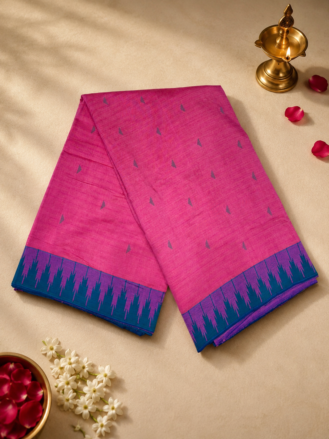 Cotton Temple Border Brocade Paithani with Full-Body Tissue Effect and Cotton Fancy Pallu