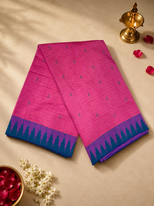 Cotton Temple Border Brocade Paithani with Full-Body Tissue Effect and Cotton Fancy Pallu