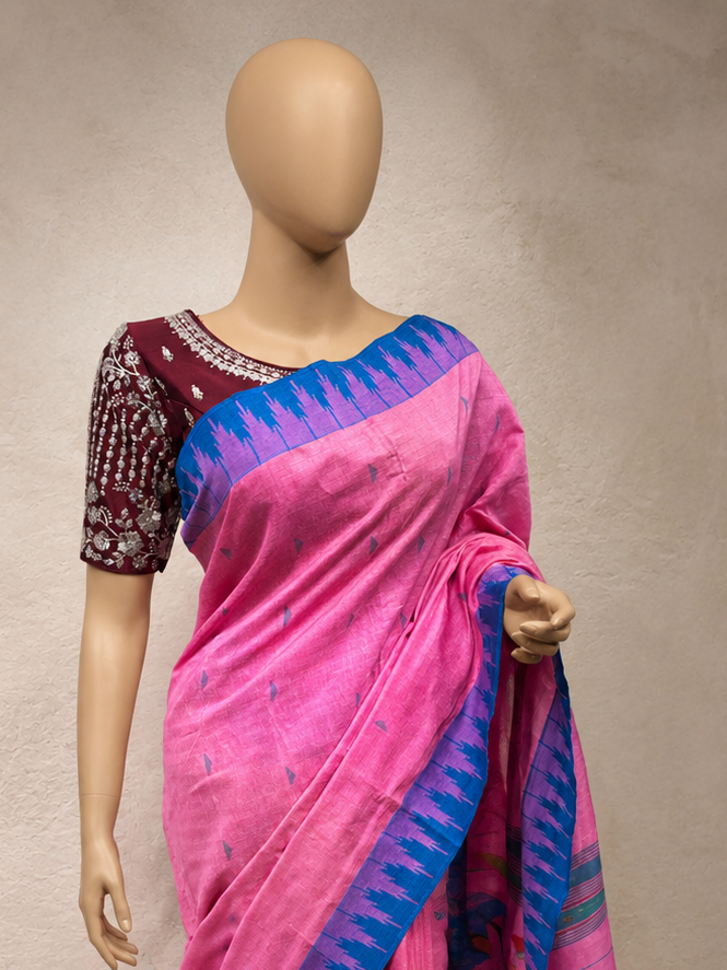 Cotton Temple Border Brocade Paithani with Full-Body Tissue Effect and Cotton Fancy Pallu