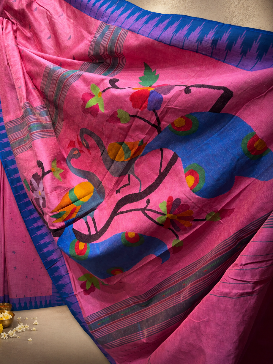 Cotton Temple Border Brocade Paithani with Full-Body Tissue Effect and Cotton Fancy Pallu