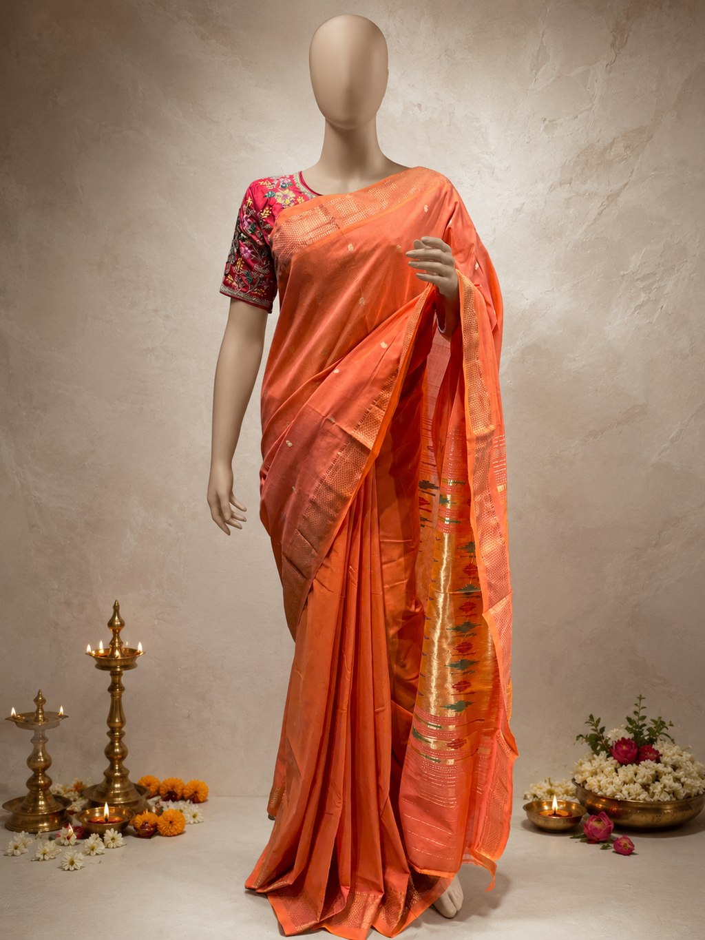 Traditional Border Cotton Paithani with Traditional Pallu