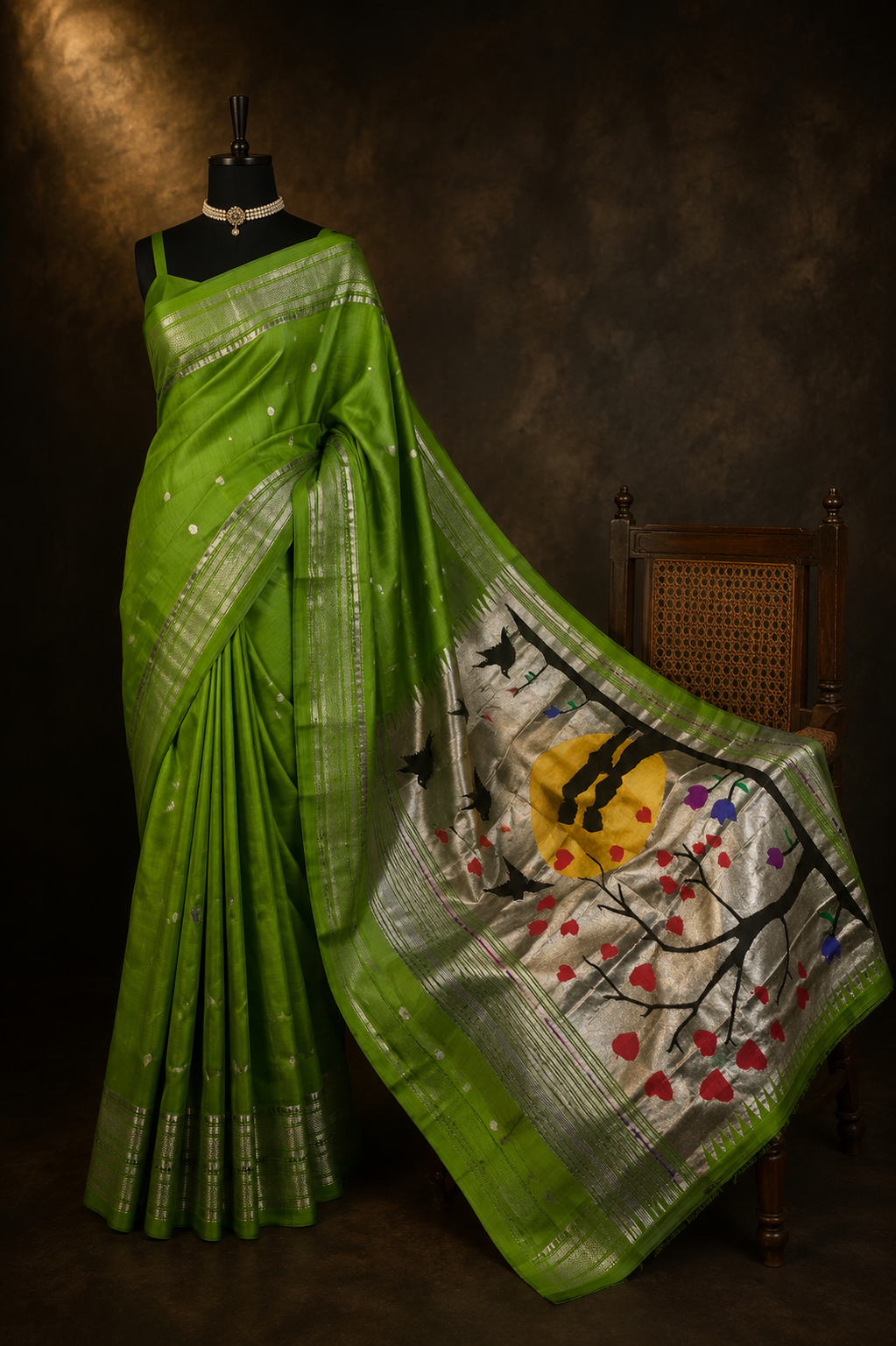 Traditional Border Silver Sari with Designer Pallu