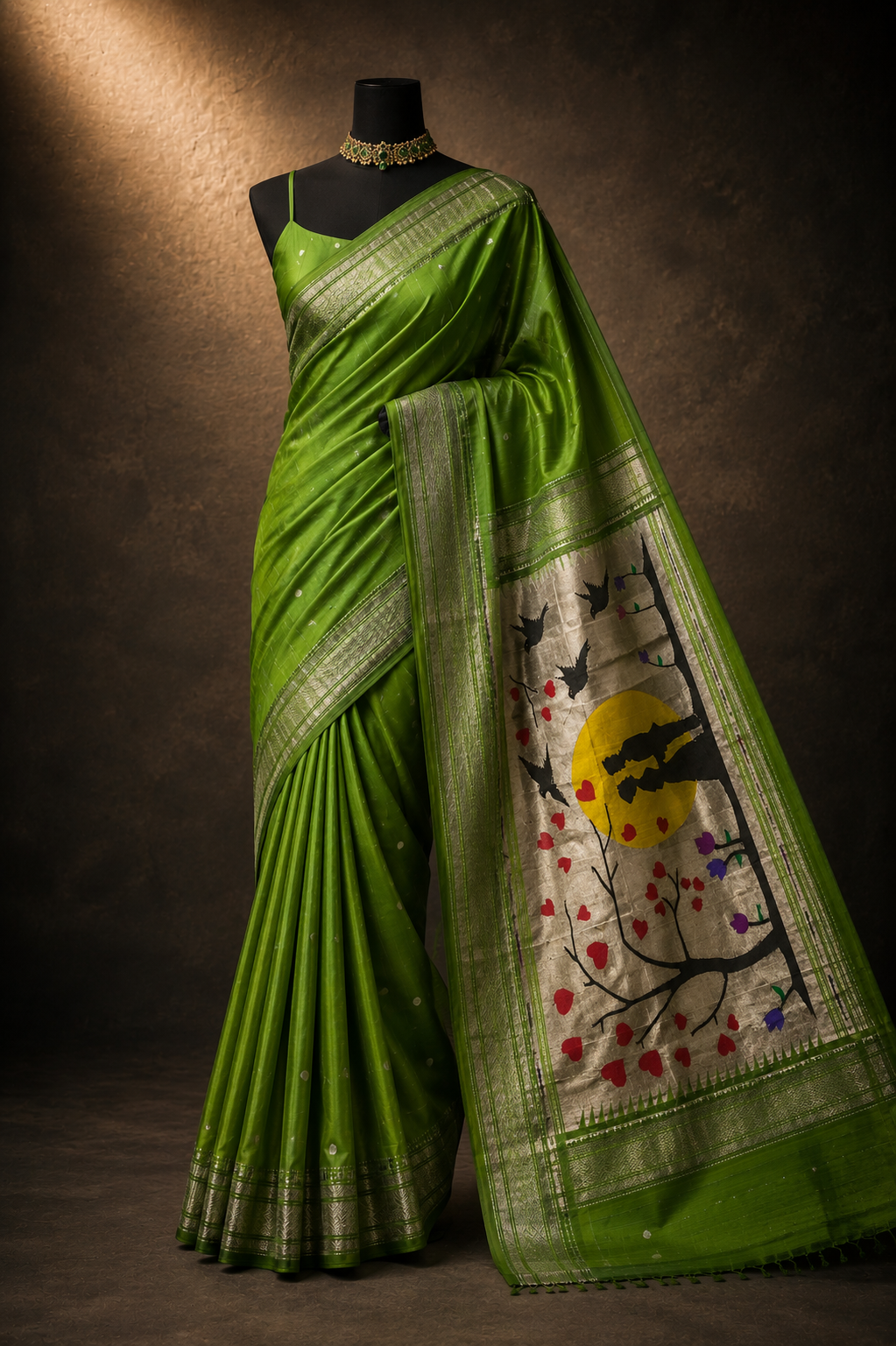 Traditional Border Silver Sari with Designer Pallu