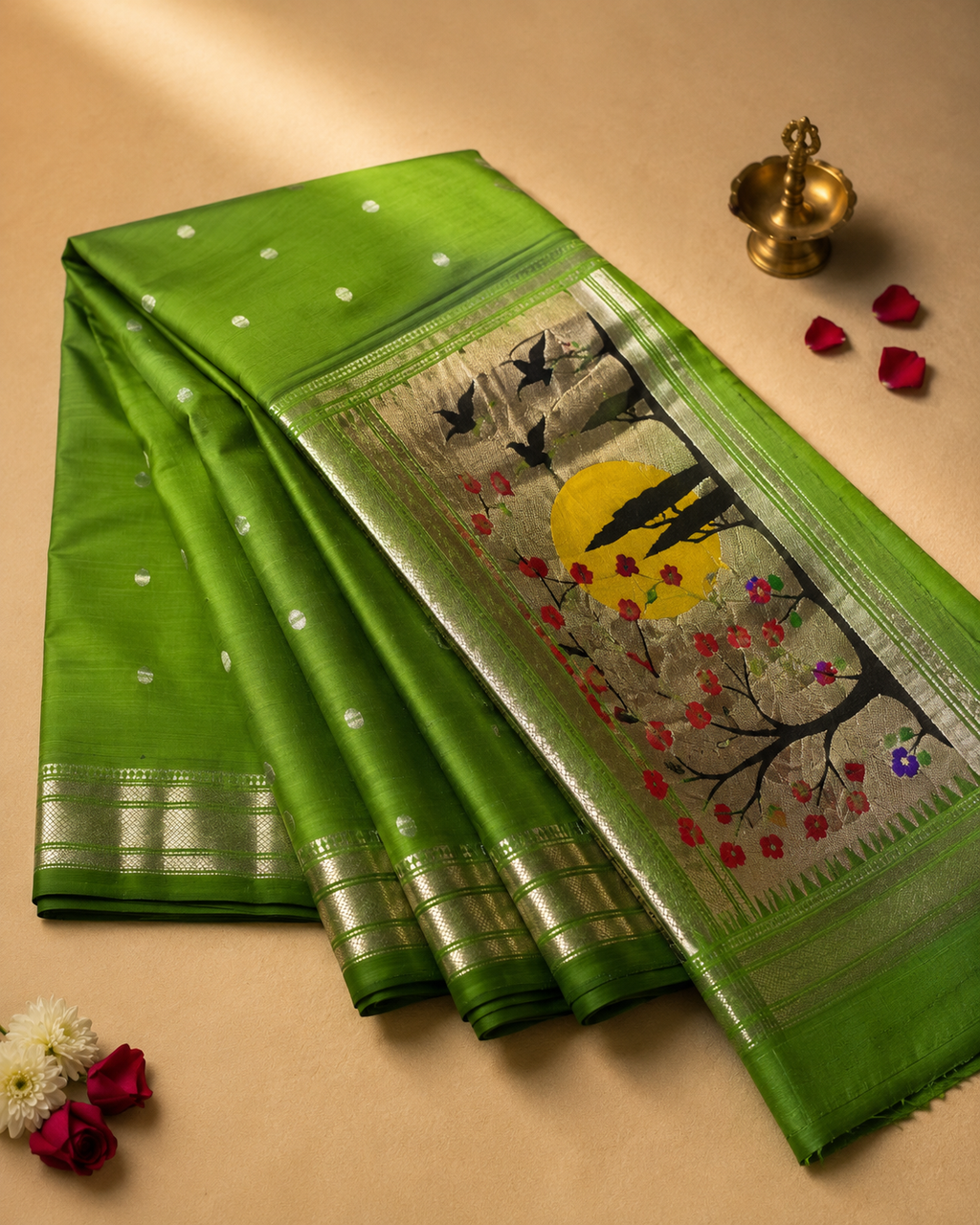 Traditional Border Silver Sari with Designer Pallu