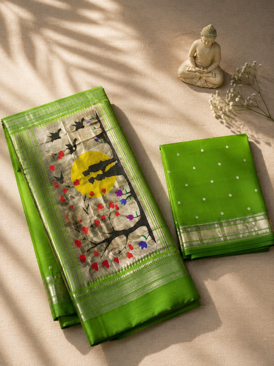Traditional Border Silver Sari with Designer Pallu
