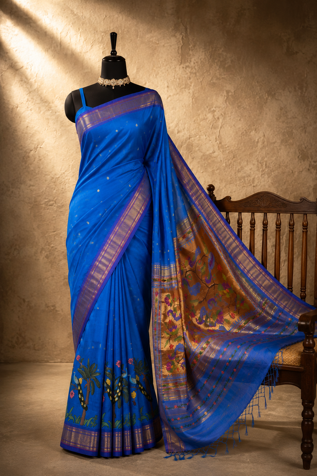 Yeola Traditional Border Handprint Fusion Saree