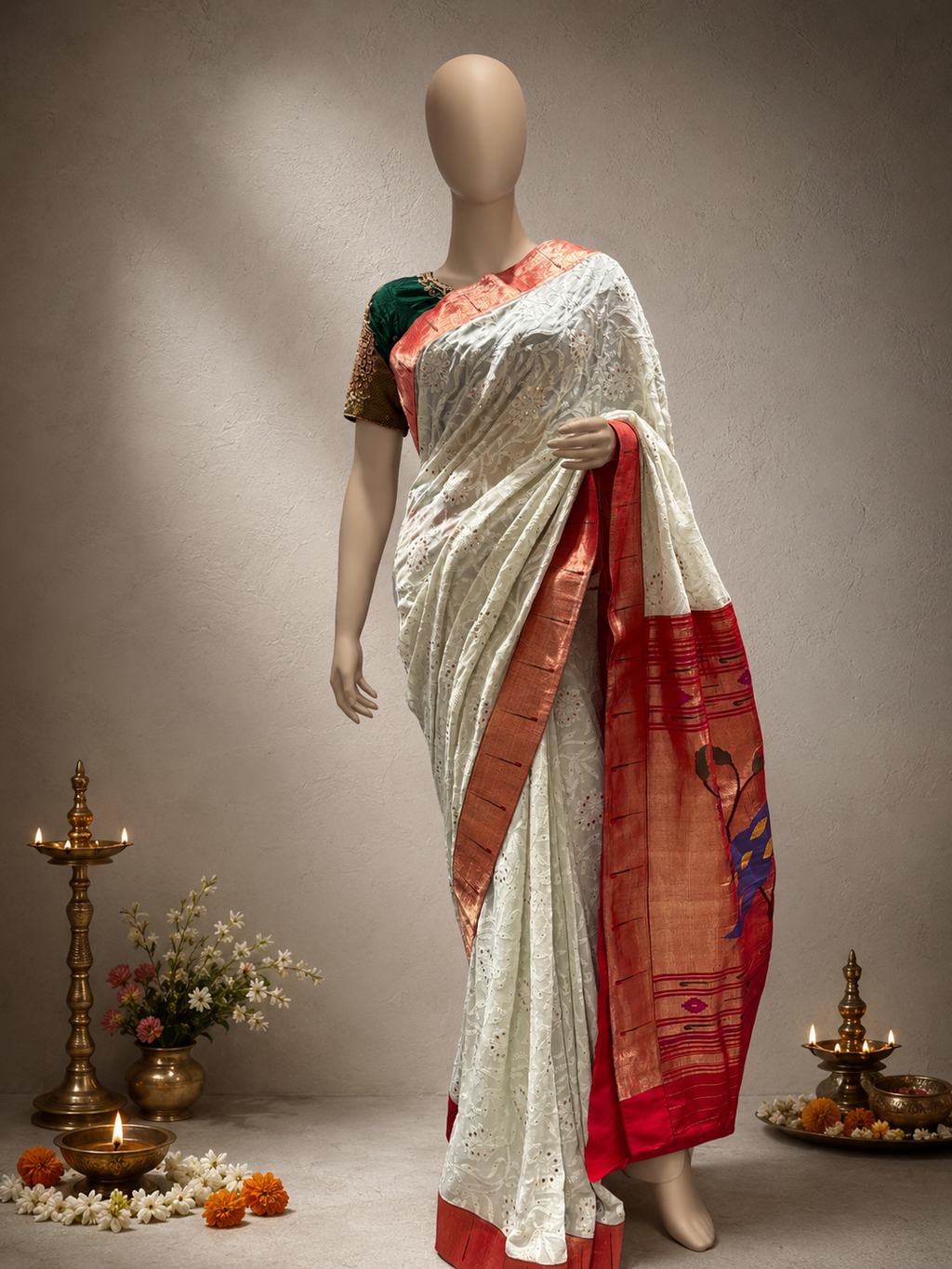 Handloom Paithani Fusion Saree Single Muniya Chikankari Work