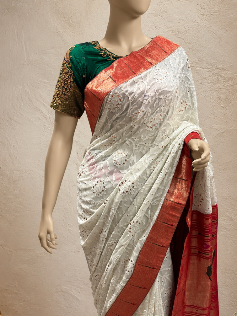 Handloom Paithani Fusion Saree Single Muniya Chikankari Work