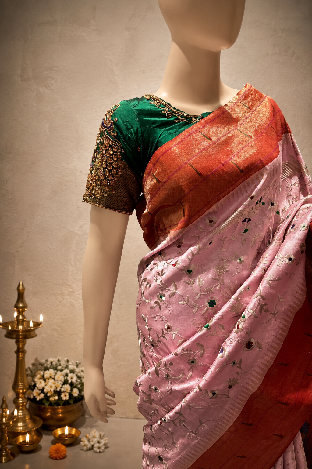 Triple Muniya Jamdani  Work Handloom Paithani