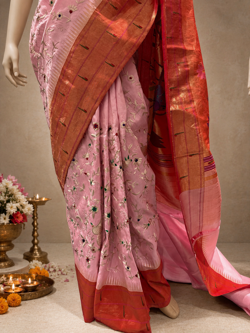 Triple Muniya Jamdani  Work Handloom Paithani