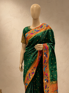 Pure Silk Peacock+Lotus Border all over Butti Silk Brocade