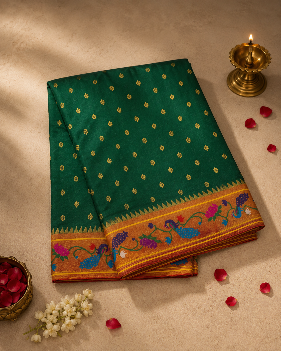Pure Silk Peacock+Lotus Border all over Butti Silk Brocade