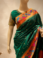 Pure Silk Peacock+Lotus Border all over Butti Silk Brocade