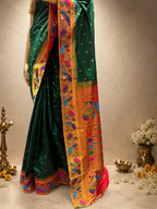 Pure Silk Peacock+Lotus Border all over Butti Silk Brocade