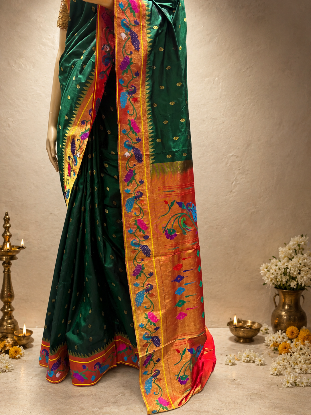 Pure Silk Peacock+Lotus Border all over Butti Silk Brocade