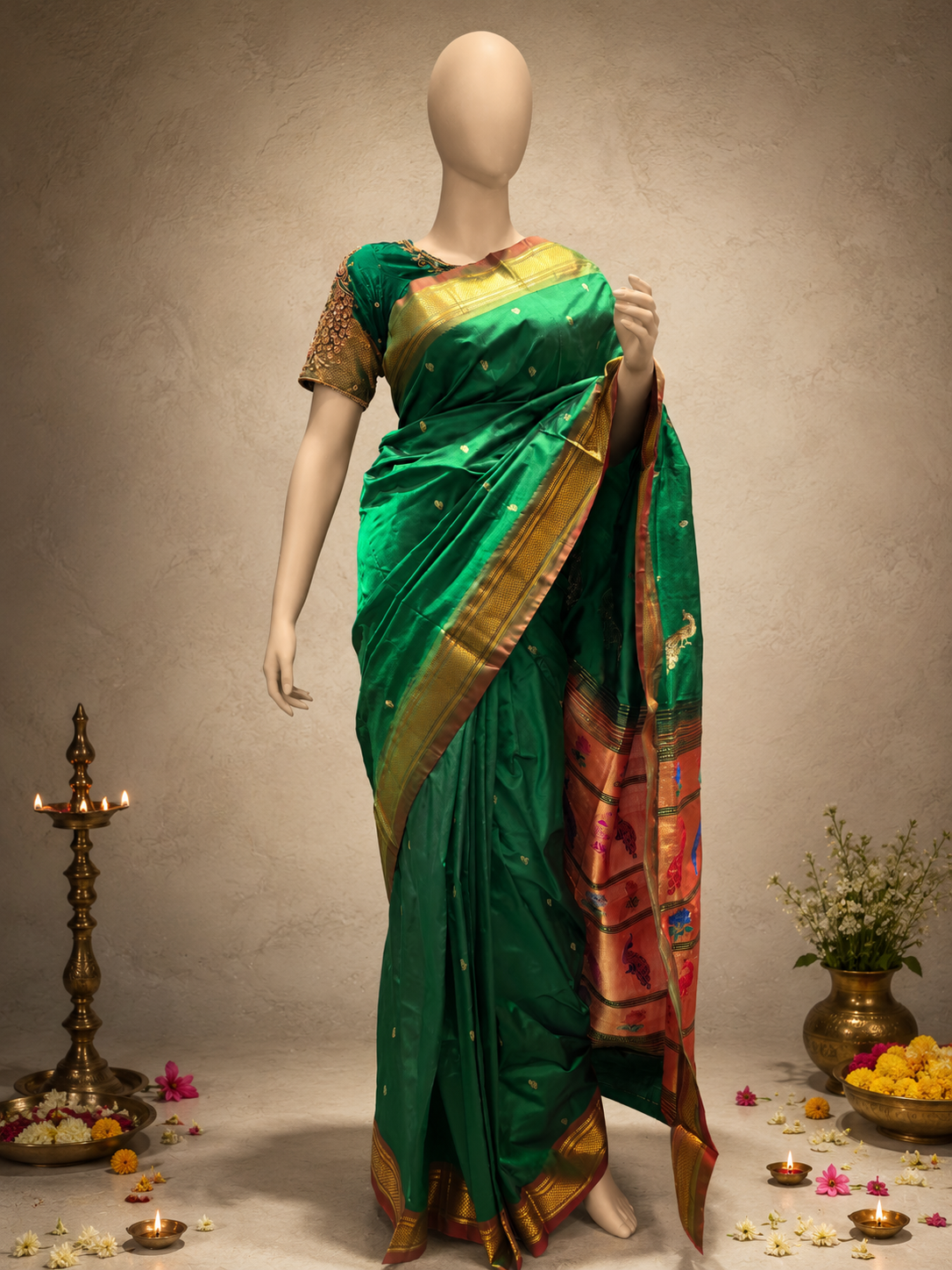 Traditional Border Tissue Pallu Shoulder Butta Paithani